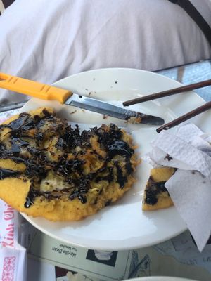 Banana and chocolate pancake - delicious but slippery at Minh Hien in Hoi An