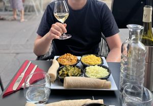 Our vegetarian platter with injera and local wine  at Makeda in Tours