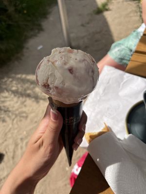 Vegan ice cream - raspberry and rose hip   at Joe's Cafe South Beach in Swanage