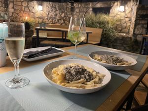 Home made Pasta with home made tartufi truffle. The two plates are one portion  at Mint in Premantura