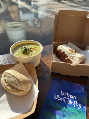 Corn chowder with bread roll and carrot cake.  at Urban Butterfly in Cambridge