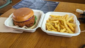 Oriental burger, comes with chips. at Urban Butterfly in Cambridge