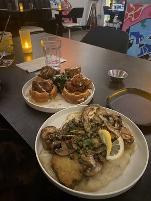 Chick’un and waffles and seitan scallopini  at Urban Vegan Roots in Queens