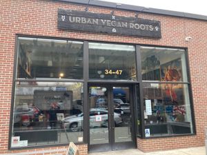Front entrance; across from elevated subway tracks. at Urban Vegan Roots in Queens