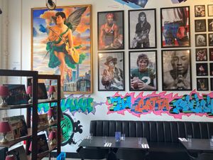 Inside, with funky artwok at Urban Vegan Roots in Queens