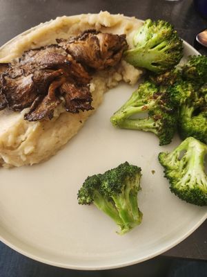 Chef V Shroom Steak with rustic (with skin) mashed potato and broccoli at Urban Vegan Roots in Queens