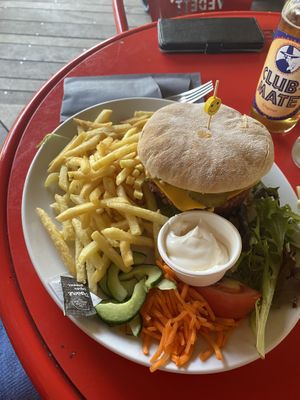 Vegan greenway burger with vegan cheese and vegan sauce on burger, and vegan mayo on the side. Fries baked in vegetable oil    at Parkkaffee in Ghent