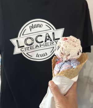 DF Ken & Barbie & DF Red, White, and Blueberry in a vegan waffle cone. Yum!   at Local Creamery in Plano