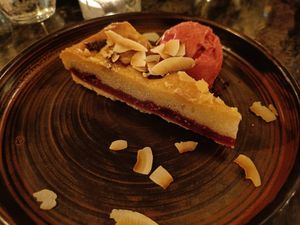 Bakewell vegan tart with raspberry sorbet at Cyprus Avenue in Belfast