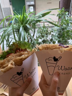 Guac and cheese crepe + sweet potato and rum raisin crepe  at Waco Crepes  in Kyoto