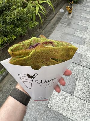 Matcha, raspberry, vegan cream crêpe to go.  at Waco Crepes  in Kyoto