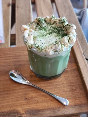 Uji matcha latte with soy milk and vegan cream at Waco Crepes  in Kyoto