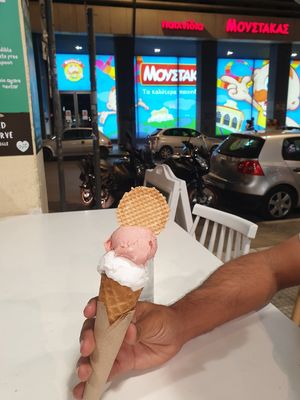 Strawberry, and Greek yoghurt icecream in waffle cone €3.20 at Plan(e)t Ice Cream in Athens