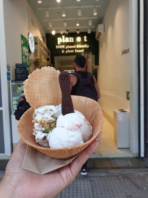 Greek yoghurt, and Cheesecake icecream in waffle cup and edible spoon €5.60 at Plan(e)t Ice Cream in Athens