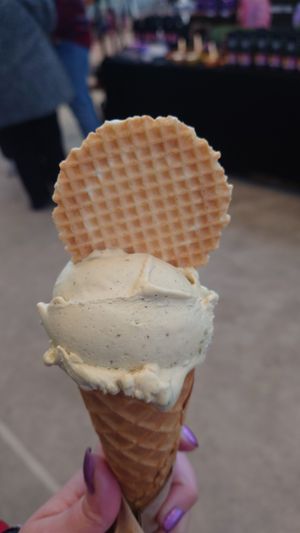 Delicious pistachio ice cream with vegan cone and wafer at Plan(e)t Ice Cream in Athens