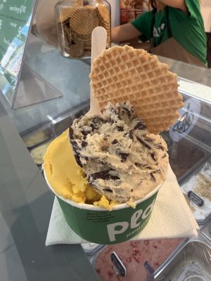 Mango & Passionfruit and Smashed Vanilla Sticks ice cream in a tub  at Plan(e)t Ice Cream in Athens