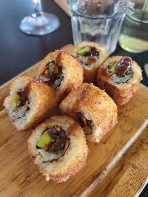 Mushroom tempura sushi at Jackfruit Cafe in Moshi