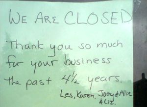 Taped to the front door (as per usual way of communicating), 5/1/2016. Lease was up 4/30/2016 according to their facebook page. at Aardvark Kafe in State College