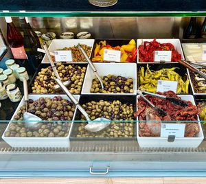 Olives and peppers  at Feinkost Fladi in Dusseldorf