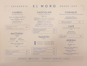 Menu at El Moro in Mexico City