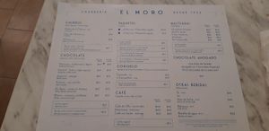 Menu at El Moro in Mexico City
