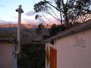 View from one of the composting toilets at sunset at Black Sheep Inn in Chucchilan