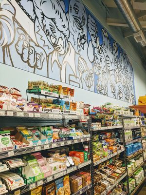 Snacks and mural at Food Fight Vegan Grocery - Stark in Portland