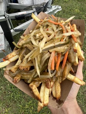 Green curry over fries  at Silo Food Truck in Ithaca