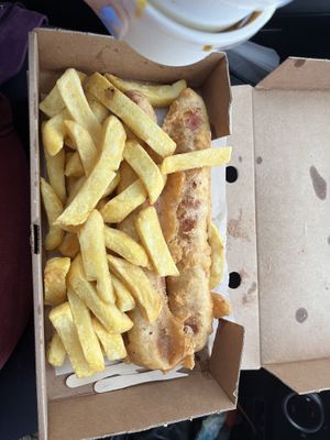 Battered vegan sausage with large chips   at Lighthouse Fisheries of Flamborough in Bridlington
