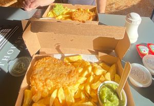 Vegan fillet, chips and mushy peas with vegan tartare sauce   at Lighthouse Fisheries of Flamborough in Bridlington
