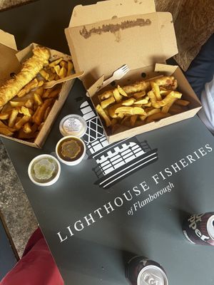 Vegan saveloy, chips, tartar sauce, mushy peas, curry saucee  at Lighthouse Fisheries of Flamborough in Bridlington