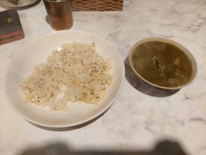Spinach and potato curry with jeera rice at Jyoti in Sapporo