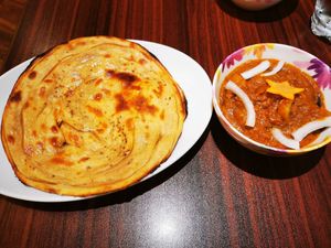 Eggplant and potatoes curry + lacha paratha (vegan) at Jyoti in Sapporo