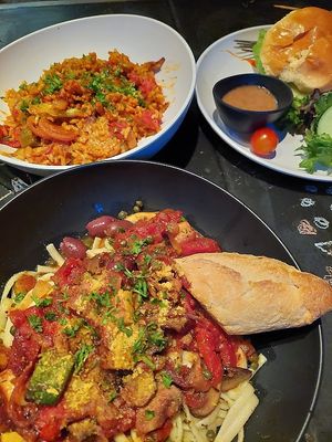 Jambalaya, puttanesca pasta, and burger at Vegan A.F. in Brattleboro