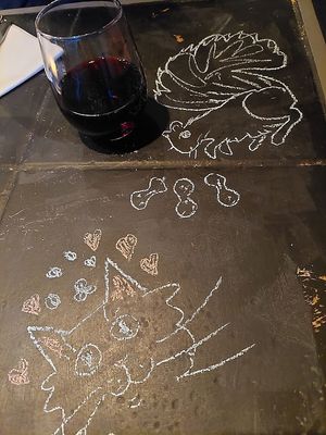 Fun to draw on the table, glad for the vino too at Vegan A.F. in Brattleboro