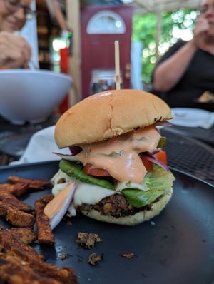 Burger with fries at Vegan A.F. in Brattleboro
