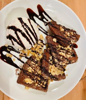 The Chaffle: churro waffle topped with vanilla ice cream, chocolate sauce, and chopped walnuts ✨Delicious 5⭐️  at Seabirds Kitchen in Los Angeles