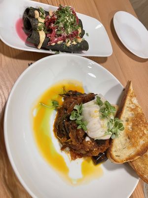 Purple taquitos and eggplant   at Seabirds Kitchen in Los Angeles