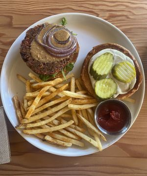 Beets Me Burger w/Seasoned Fries - Aerial View  at Seabirds Kitchen in Los Angeles