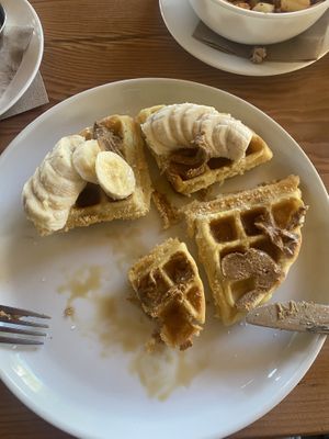 😛 Aerial View of Waffle (Being Devoured + Messy)  at Seabirds Kitchen in Los Angeles