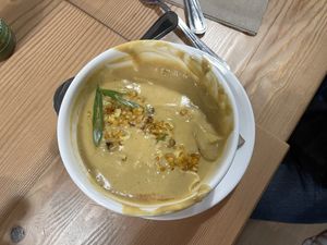 Corn chowder. It looked a heck of a lot prettier when it first came out, but I forgot to take a photo until we had descended upon it like locusts . #Veganuary at Seabirds Kitchen in Los Angeles