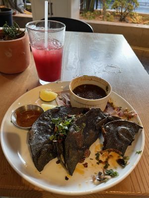 Quesadilla birria dish and lemonade    at Seabirds Kitchen in Los Angeles