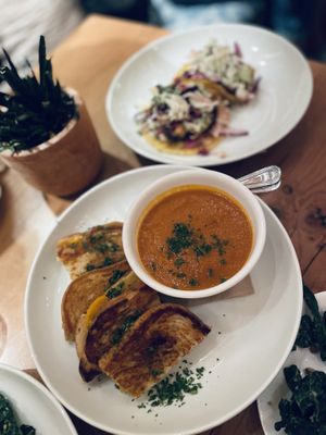 Grilled cheese and beer battered avocado tacos  at Seabirds Kitchen in Los Angeles