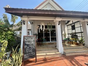 Outside of the cafe   at The Happy Cat - Veggie Cafe-Restaurant in Luang Prabang