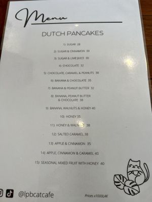 Pancake menu (pancakes can be made vegan, some toppings can’t be made vegan)   at The Happy Cat - Veggie Cafe-Restaurant in Luang Prabang