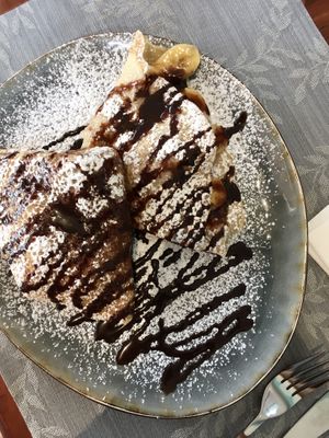 Dutch banana, peanut butter and chocolate pancakes  at The Happy Cat - Veggie Cafe-Restaurant in Luang Prabang