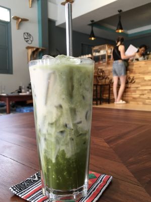 Iced soy matcha latte  at The Happy Cat - Veggie Cafe-Restaurant in Luang Prabang