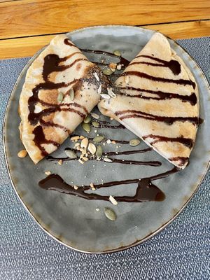 Vegan nuts and chocolate pancakes  at The Happy Cat - Veggie Cafe-Restaurant in Luang Prabang