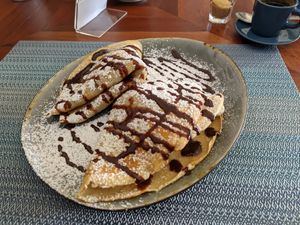 Peanutbutter, banana, chocolate pancake at The Happy Cat - Veggie Cafe-Restaurant in Luang Prabang
