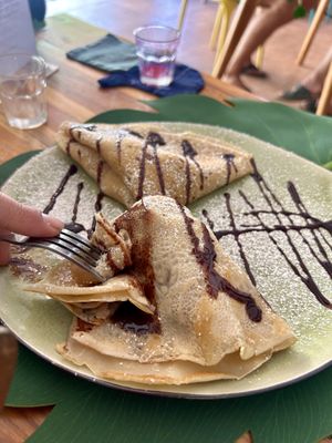 Choc banana pancakes made vegan   at The Happy Cat - Veggie Cafe-Restaurant in Luang Prabang